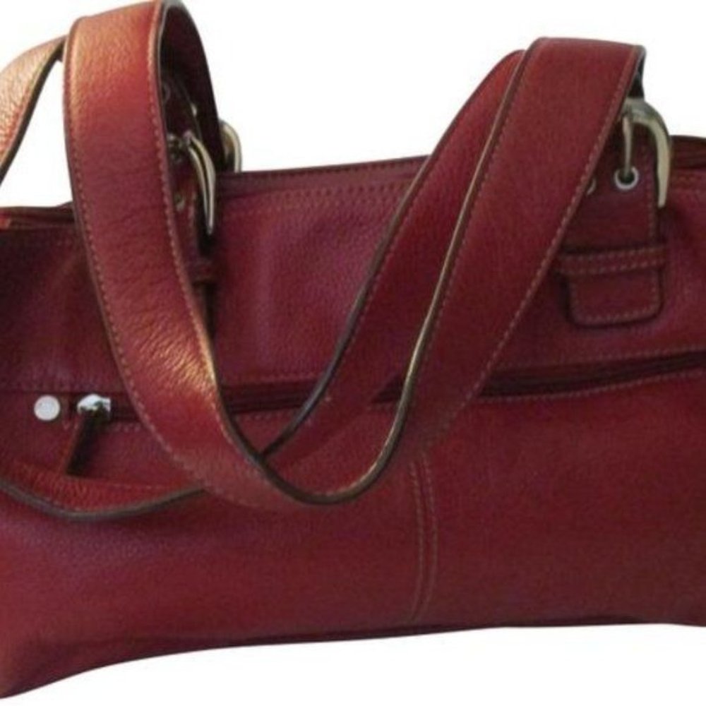 Tignanello Pebbled Red Leather Side Pocket Key Charm Satchel